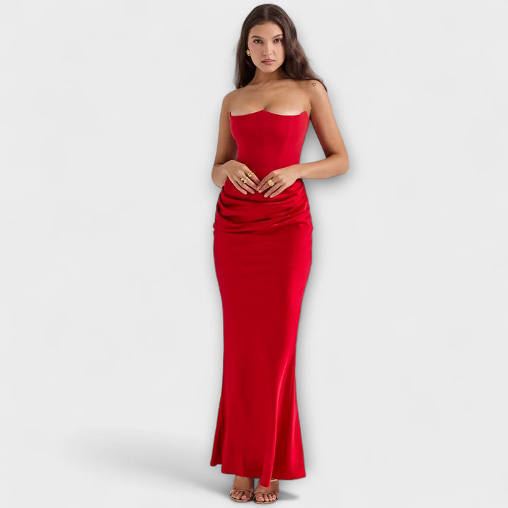 Lina | Schulterfreies Satin-Maxikleid mit Drapierung
